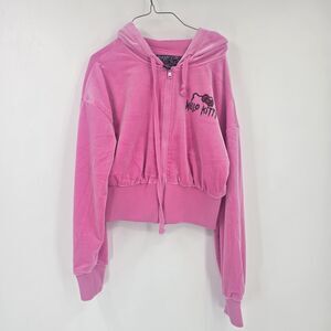 Hello Kitty & Friends x Forever 21 Womens M Pink Cropped Hoodie Full Zip Velvet